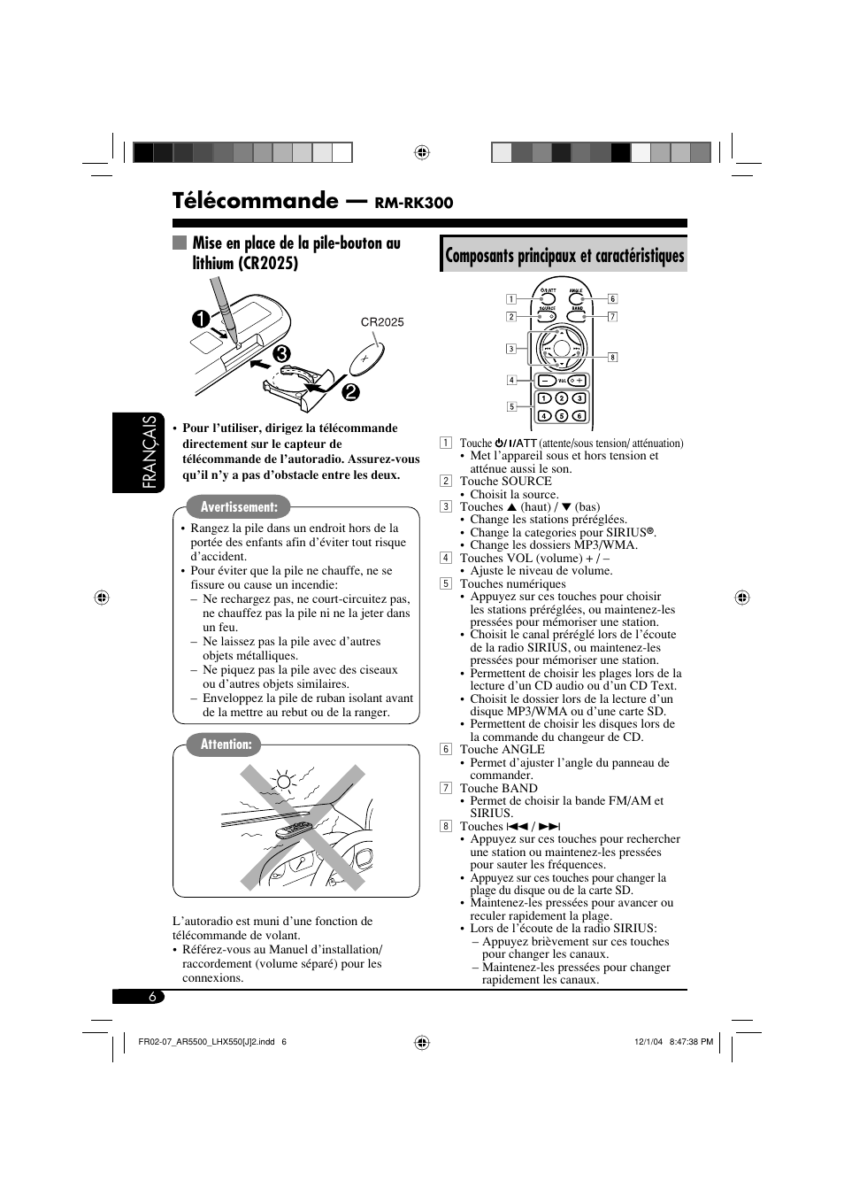 Télécommande, Composants principaux et caractéristiques, Français | JVC KD-AR5500 User Manual | Page 102 / 147
