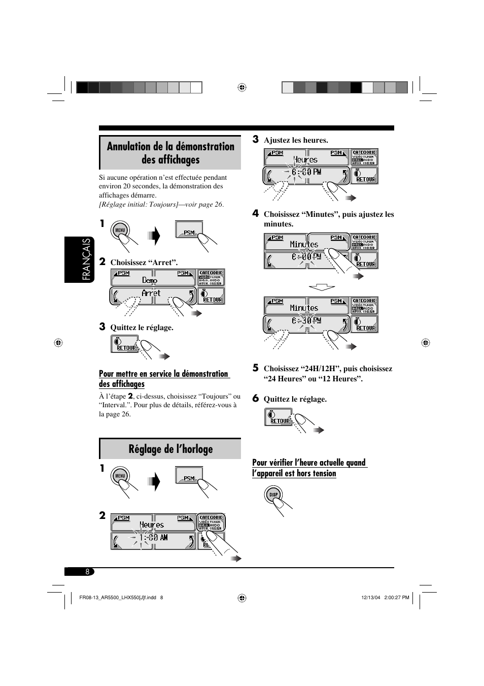 Annulation de la démonstration des affichages, Réglage de l’horloge | JVC KD-AR5500 User Manual | Page 104 / 147