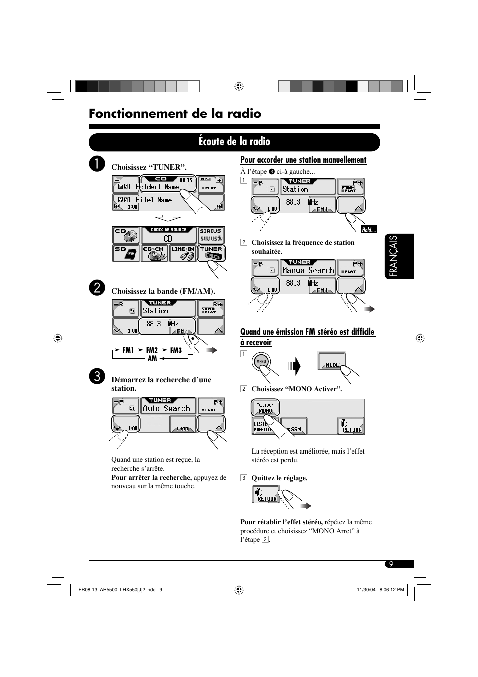 Fonctionnement de la radio, Écoute de la radio | JVC KD-AR5500 User Manual | Page 105 / 147