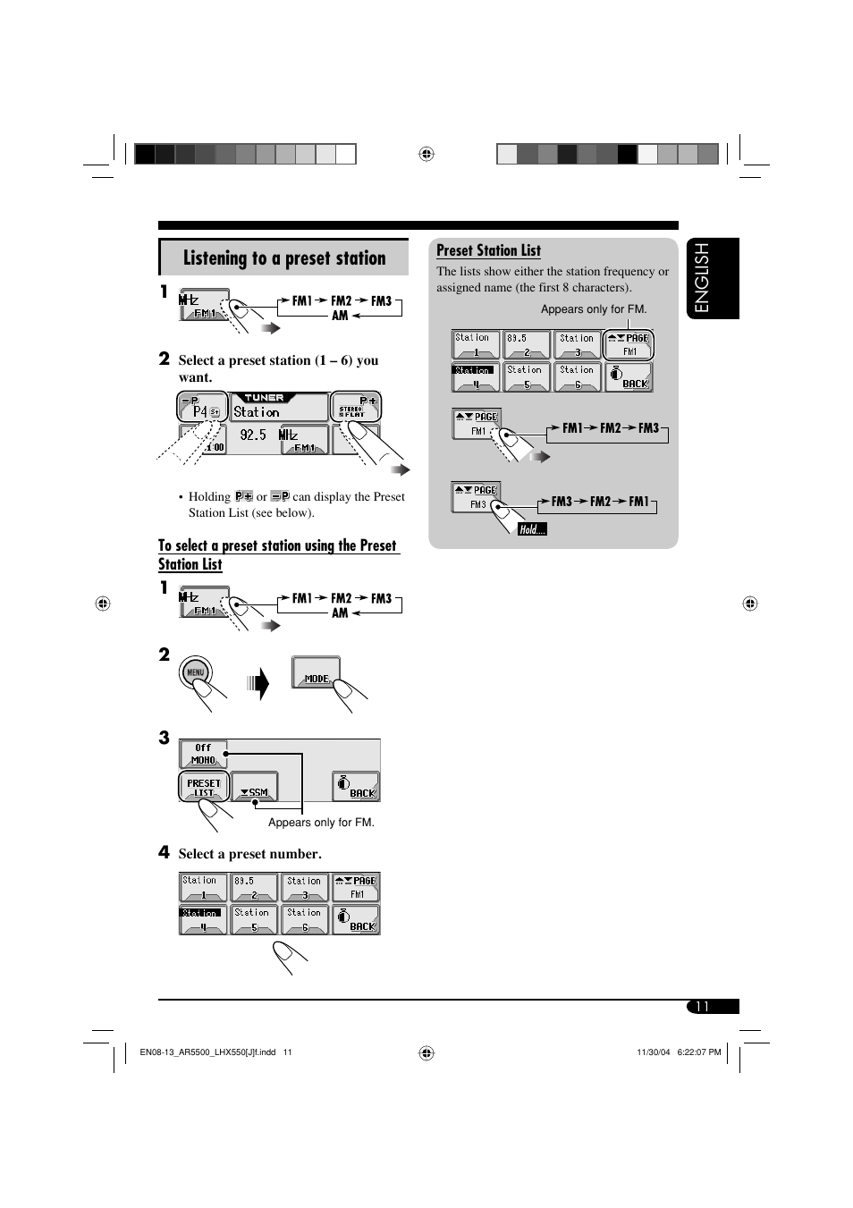 Listening to a preset station, English | JVC KD-AR5500 User Manual | Page 11 / 147