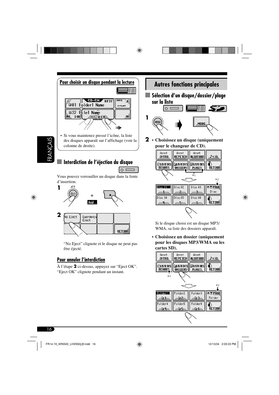 Autres fonctions principales, Français, Sélection d’un disque/dossier/plage sur la liste 1 | Interdiction de l’éjection du disque | JVC KD-AR5500 User Manual | Page 112 / 147