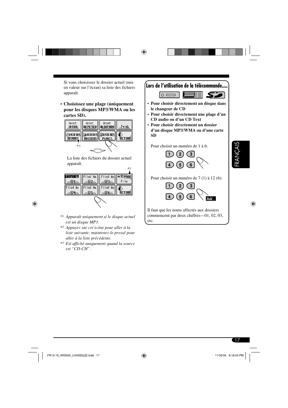 Français, Lors de l’utilisation de la télécommande | JVC KD-AR5500 User Manual | Page 113 / 147