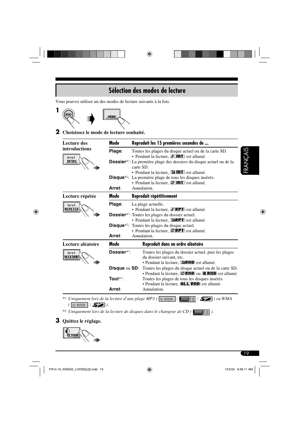 Sélection des modes de lecture, Français | JVC KD-AR5500 User Manual | Page 115 / 147