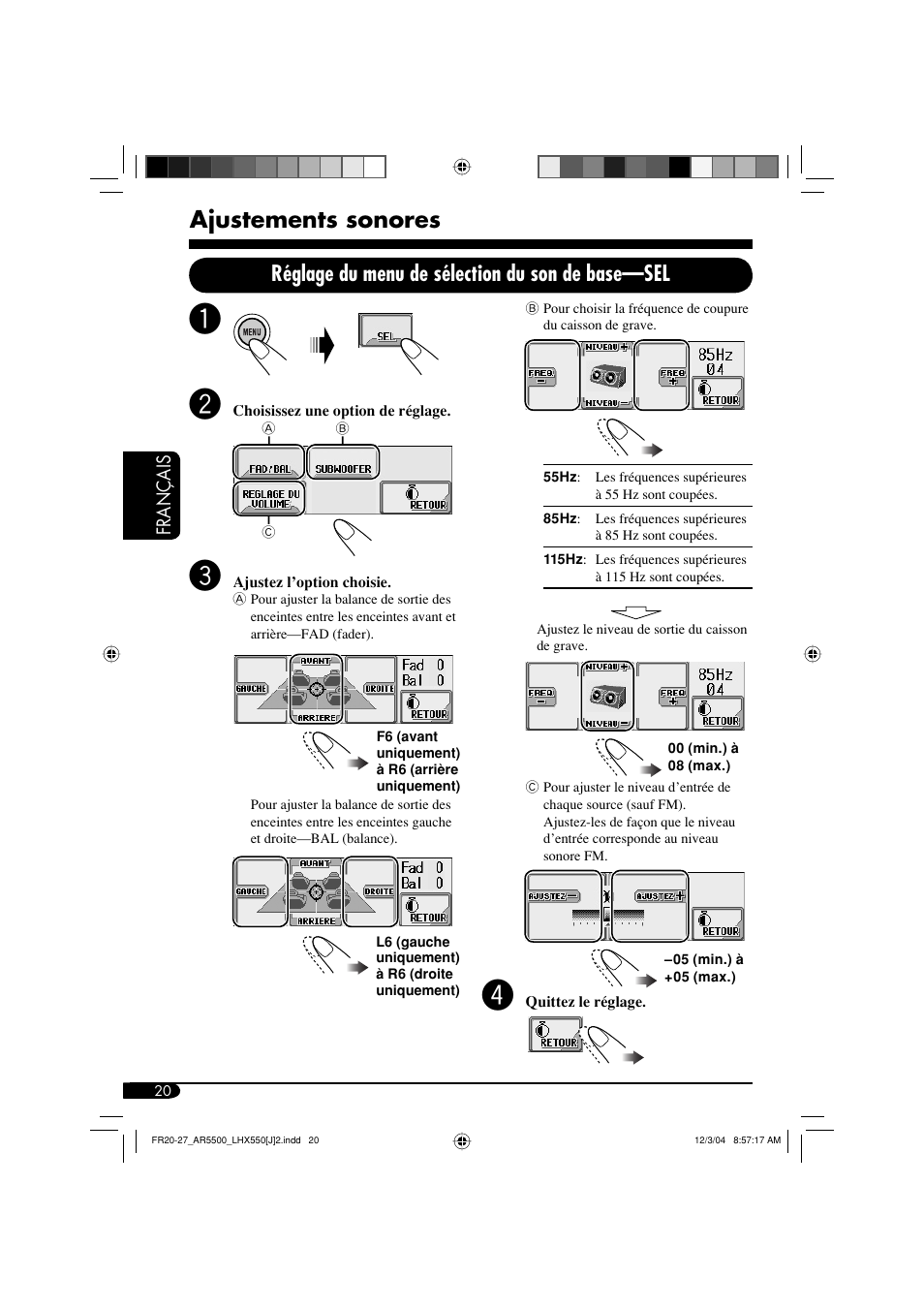 Ajustements sonores, Réglage du menu de sélection du son de base—sel | JVC KD-AR5500 User Manual | Page 116 / 147