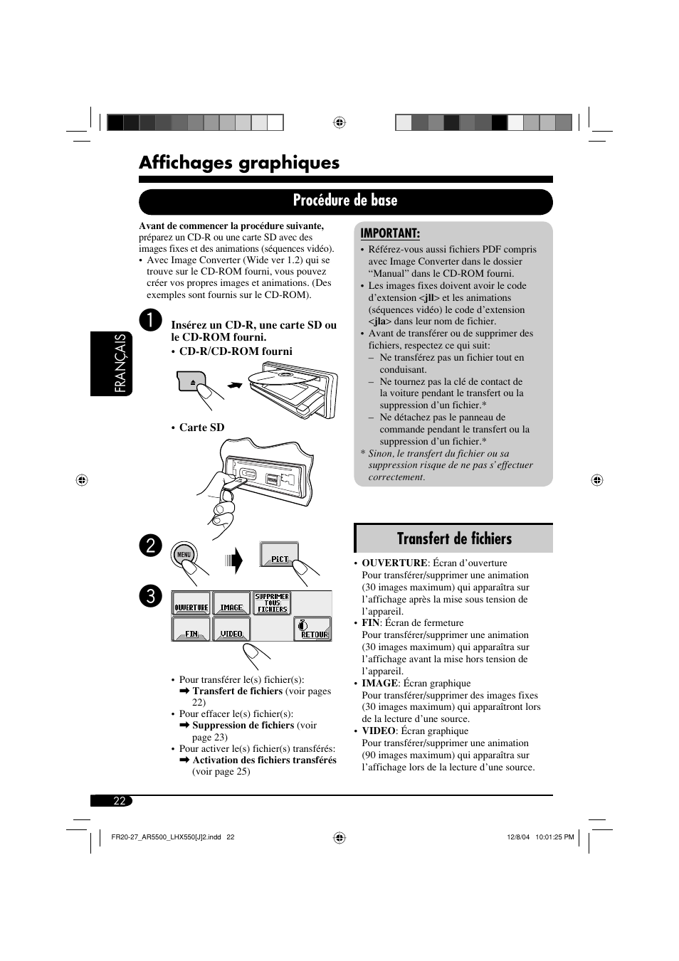 Affichages graphiques, Transfert de fichiers, Procédure de base | JVC KD-AR5500 User Manual | Page 118 / 147