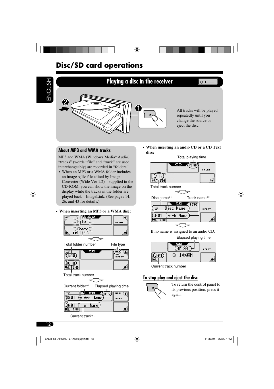 Disc/sd card operations, Playing a disc in the receiver, English | About mp3 and wma tracks | JVC KD-AR5500 User Manual | Page 12 / 147
