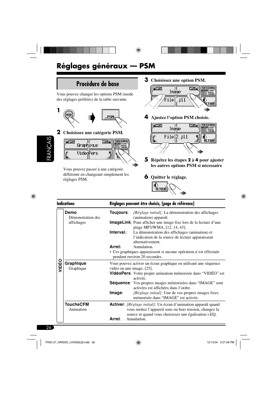Réglages généraux — psm, Procédure de base, Français | JVC KD-AR5500 User Manual | Page 122 / 147