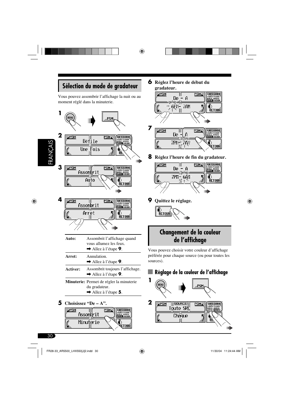 Changement de la couleur de l’affichage, Sélection du mode de gradateur | JVC KD-AR5500 User Manual | Page 126 / 147