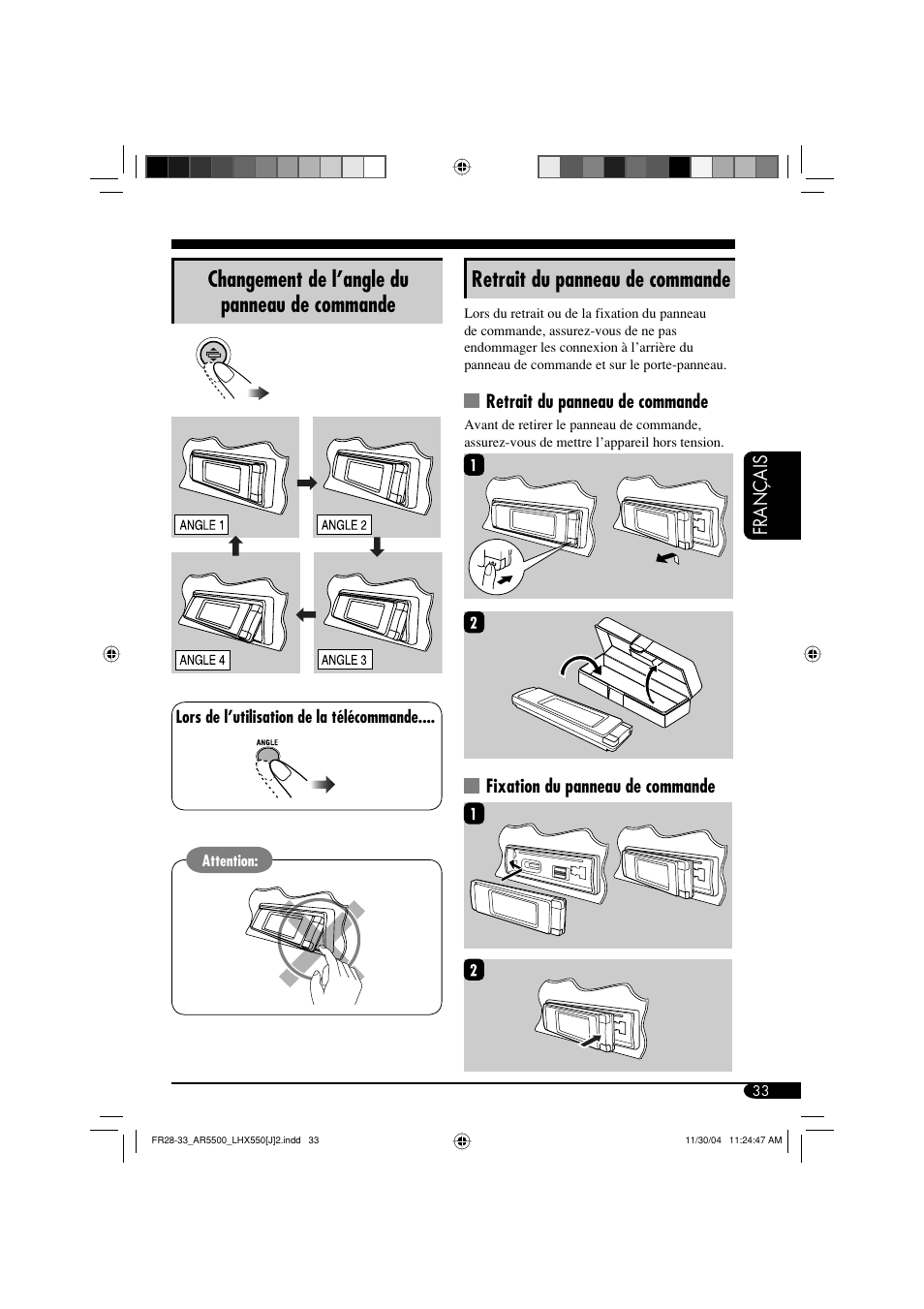 Changement de l’angle du panneau de commande, Retrait du panneau de commande | JVC KD-AR5500 User Manual | Page 129 / 147