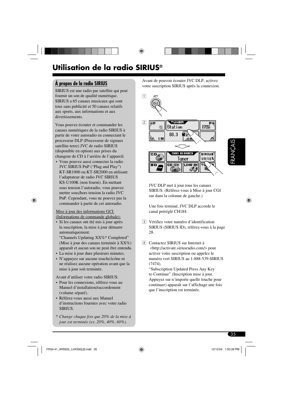 Utilisation de la radio sirius, Français | JVC KD-AR5500 User Manual | Page 131 / 147