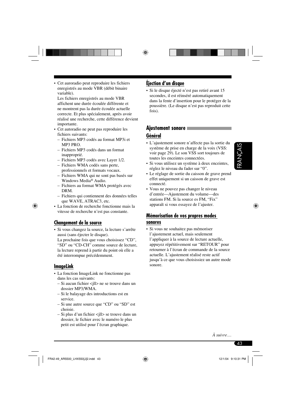 Français, Ajustement sonore | JVC KD-AR5500 User Manual | Page 139 / 147