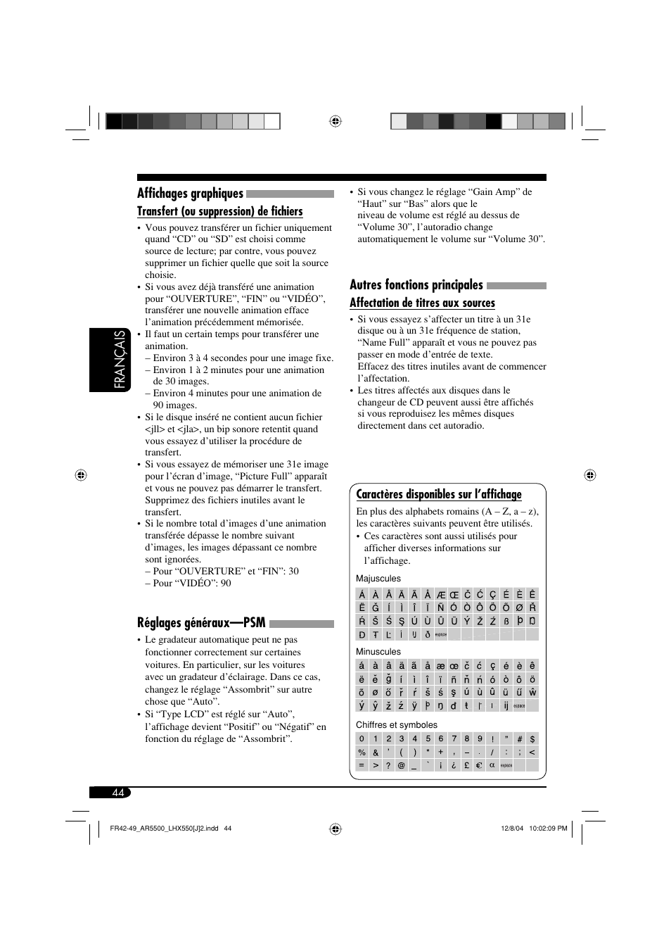 Français affichages graphiques, Réglages généraux—psm, Autres fonctions principales | JVC KD-AR5500 User Manual | Page 140 / 147