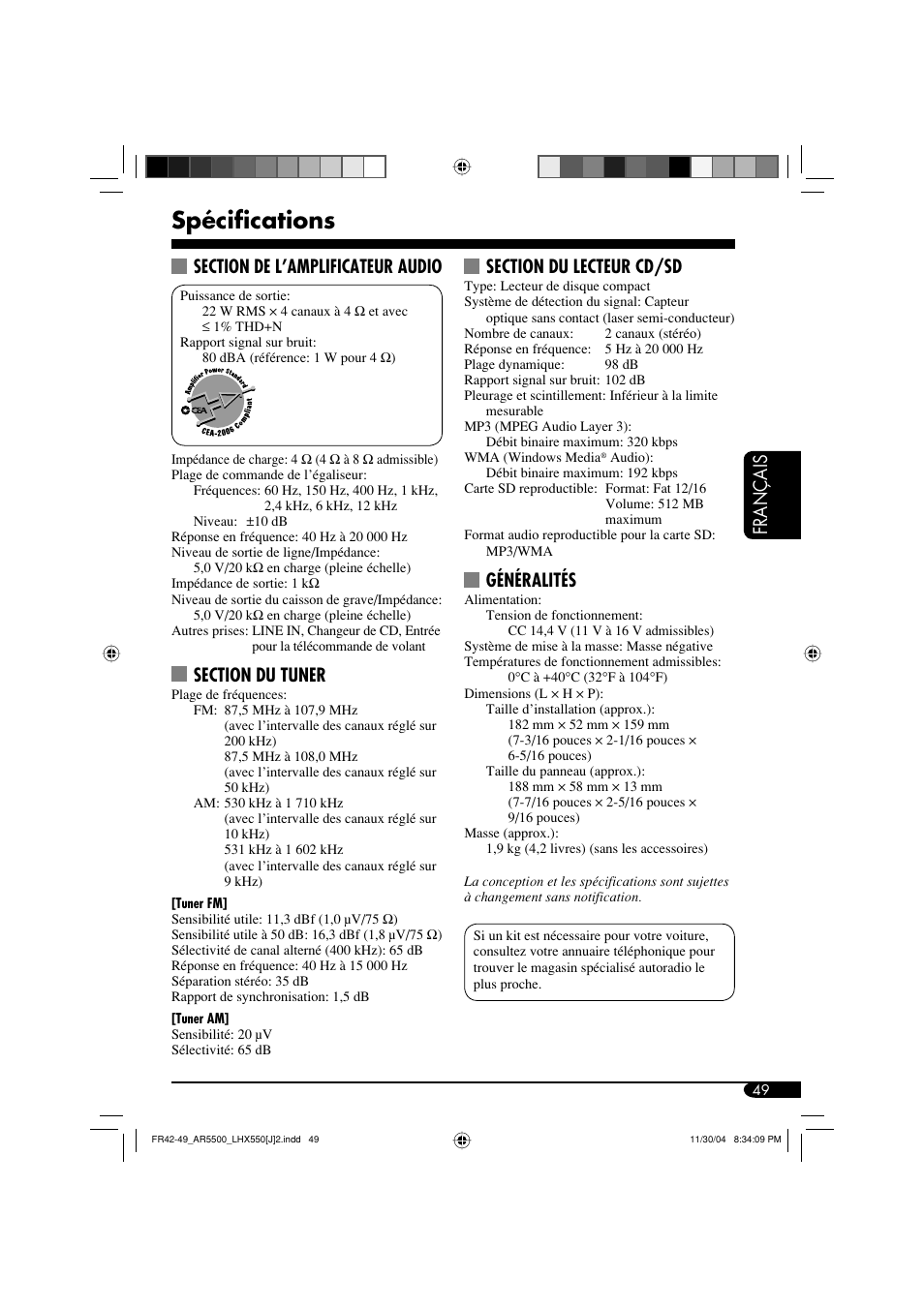 Spécifications, Français, Généralités | JVC KD-AR5500 User Manual | Page 145 / 147