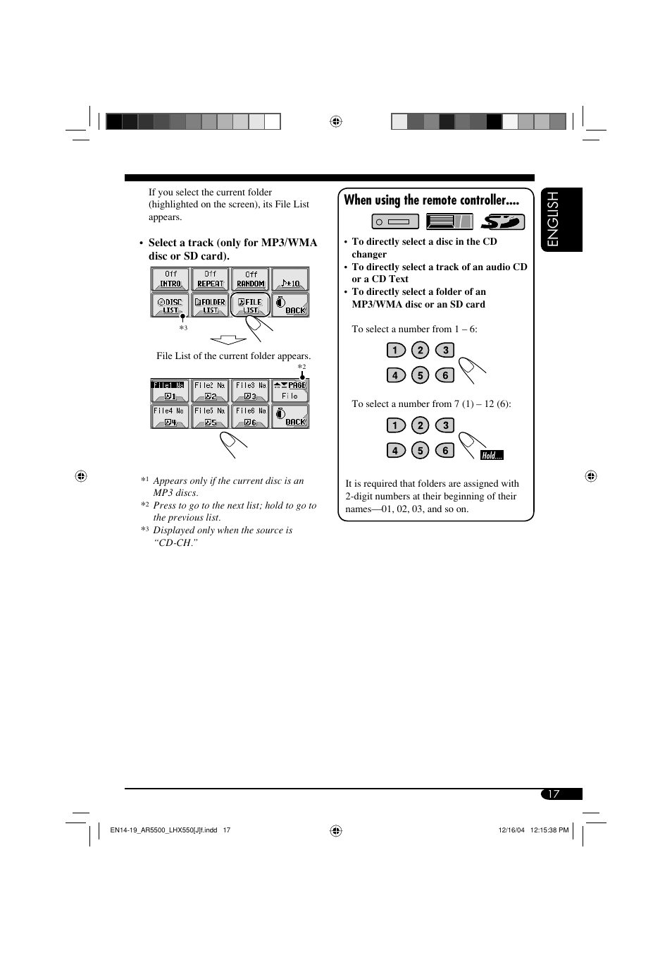 English when using the remote controller | JVC KD-AR5500 User Manual | Page 17 / 147
