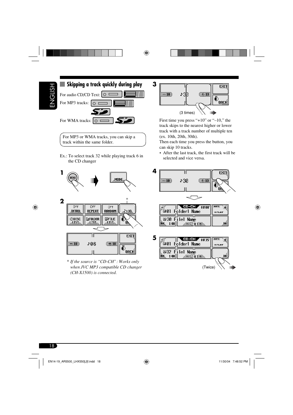 English 3, Skipping a track quickly during play | JVC KD-AR5500 User Manual | Page 18 / 147