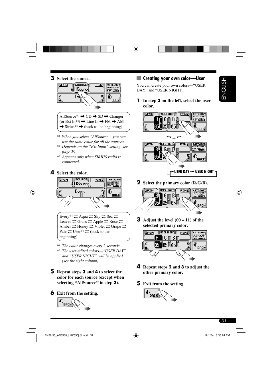 English creating your own color—user | JVC KD-AR5500 User Manual | Page 31 / 147