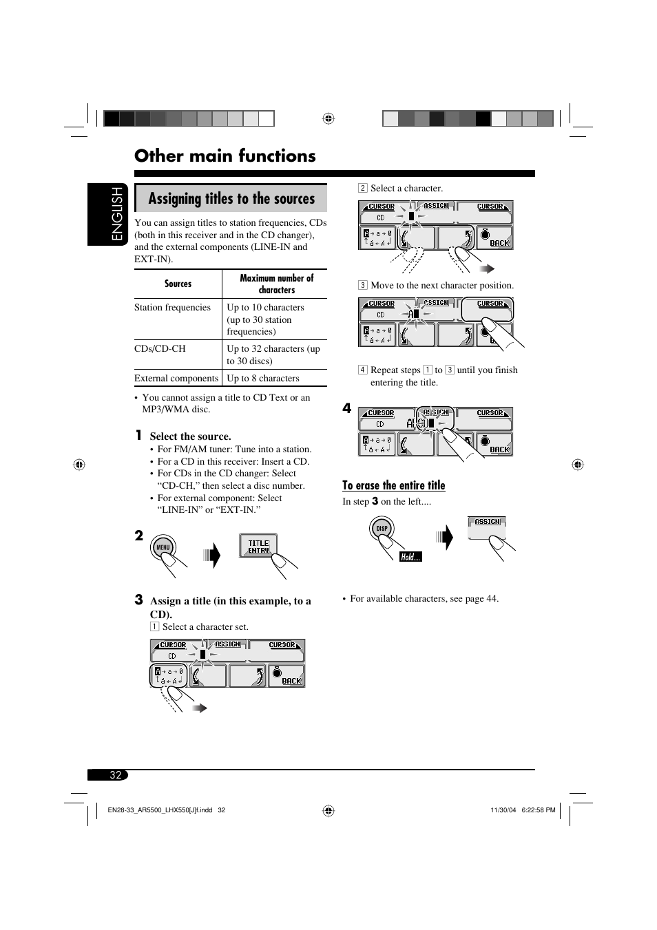 Other main functions, Assigning titles to the sources, English | JVC KD-AR5500 User Manual | Page 32 / 147