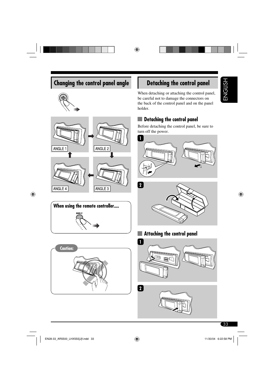 Changing the control panel angle, Detaching the control panel, English | Attaching the control panel | JVC KD-AR5500 User Manual | Page 33 / 147