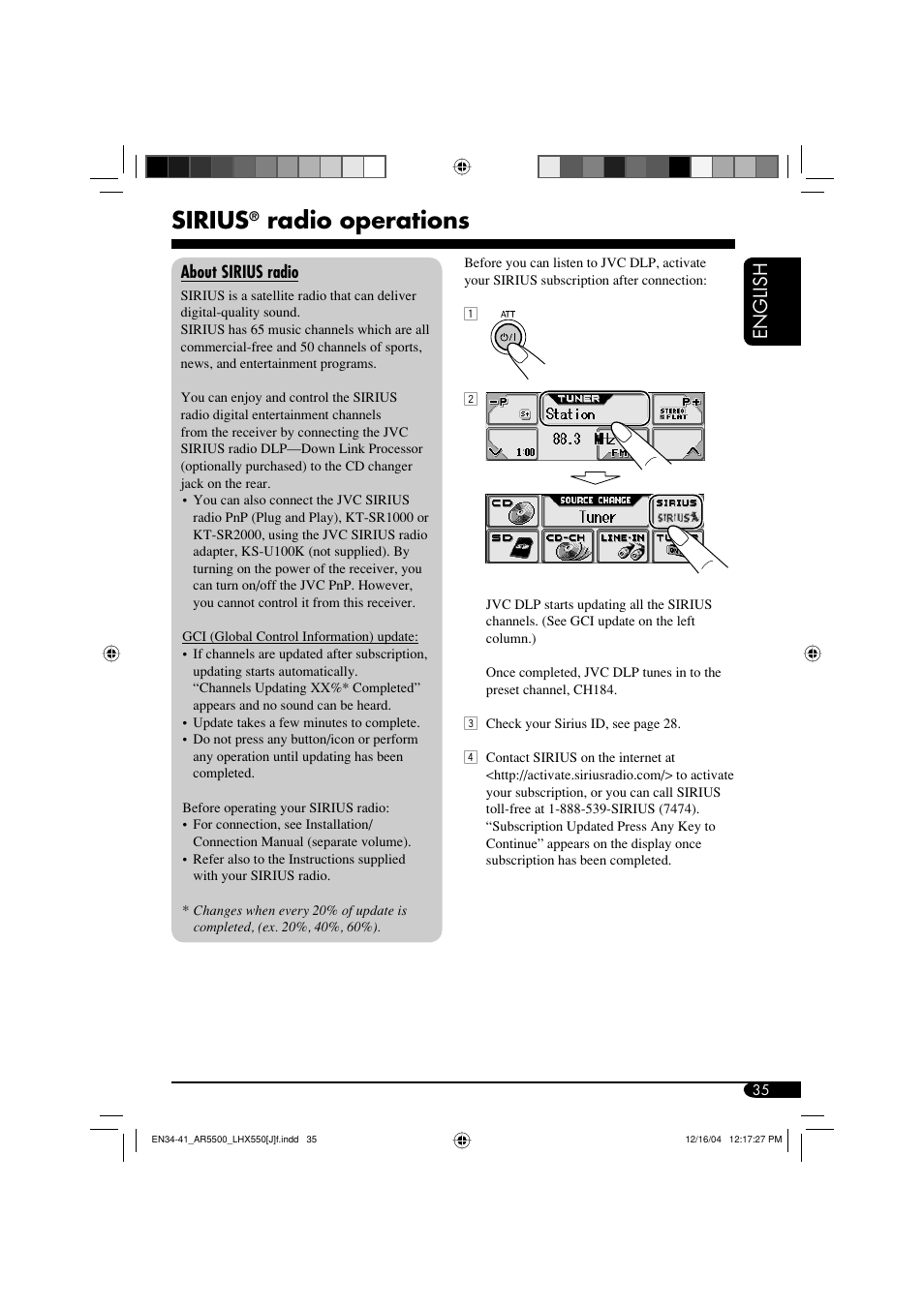 Sirius, Radio operations, English | JVC KD-AR5500 User Manual | Page 35 / 147