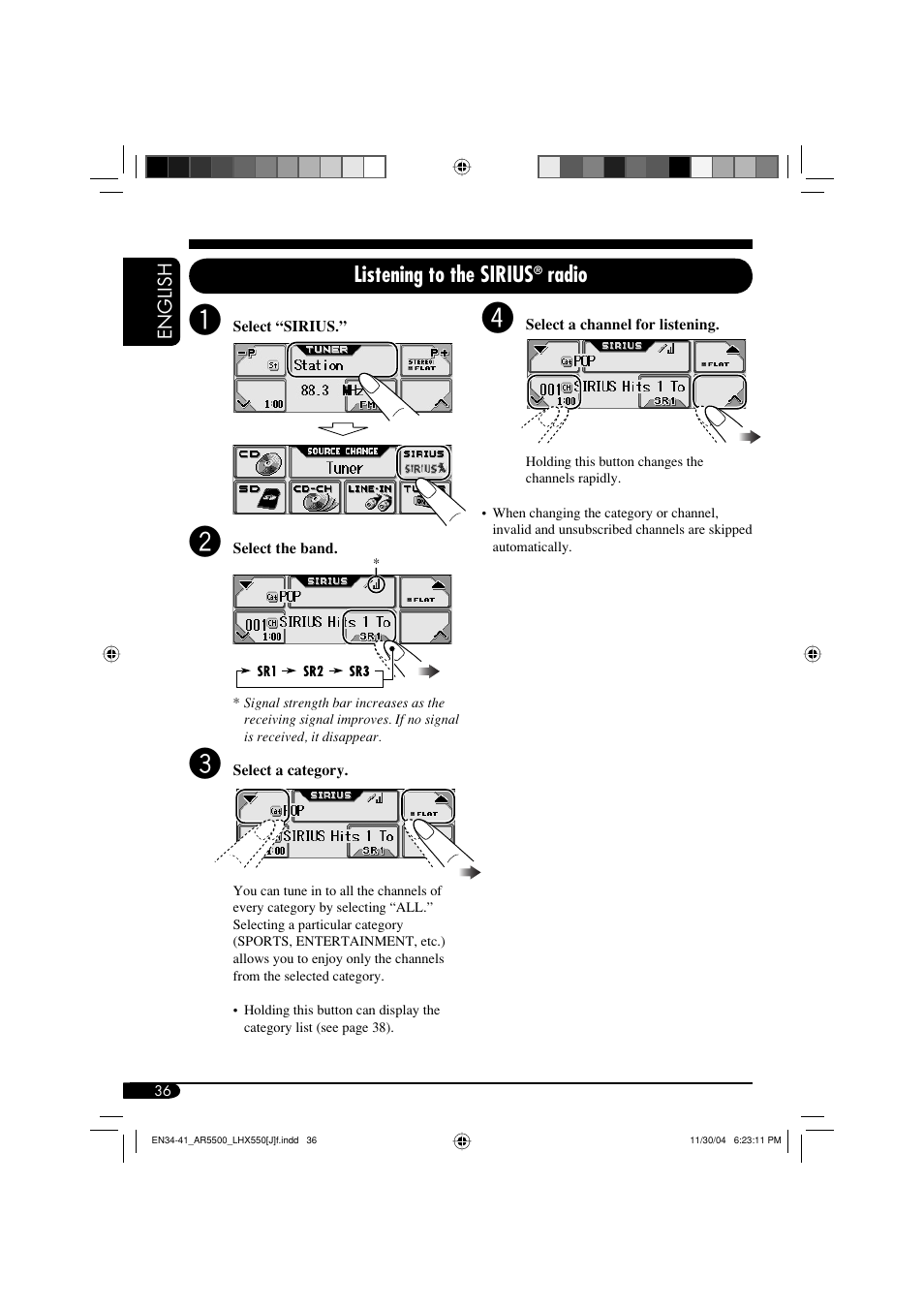 Listening to the sirius, Radio | JVC KD-AR5500 User Manual | Page 36 / 147