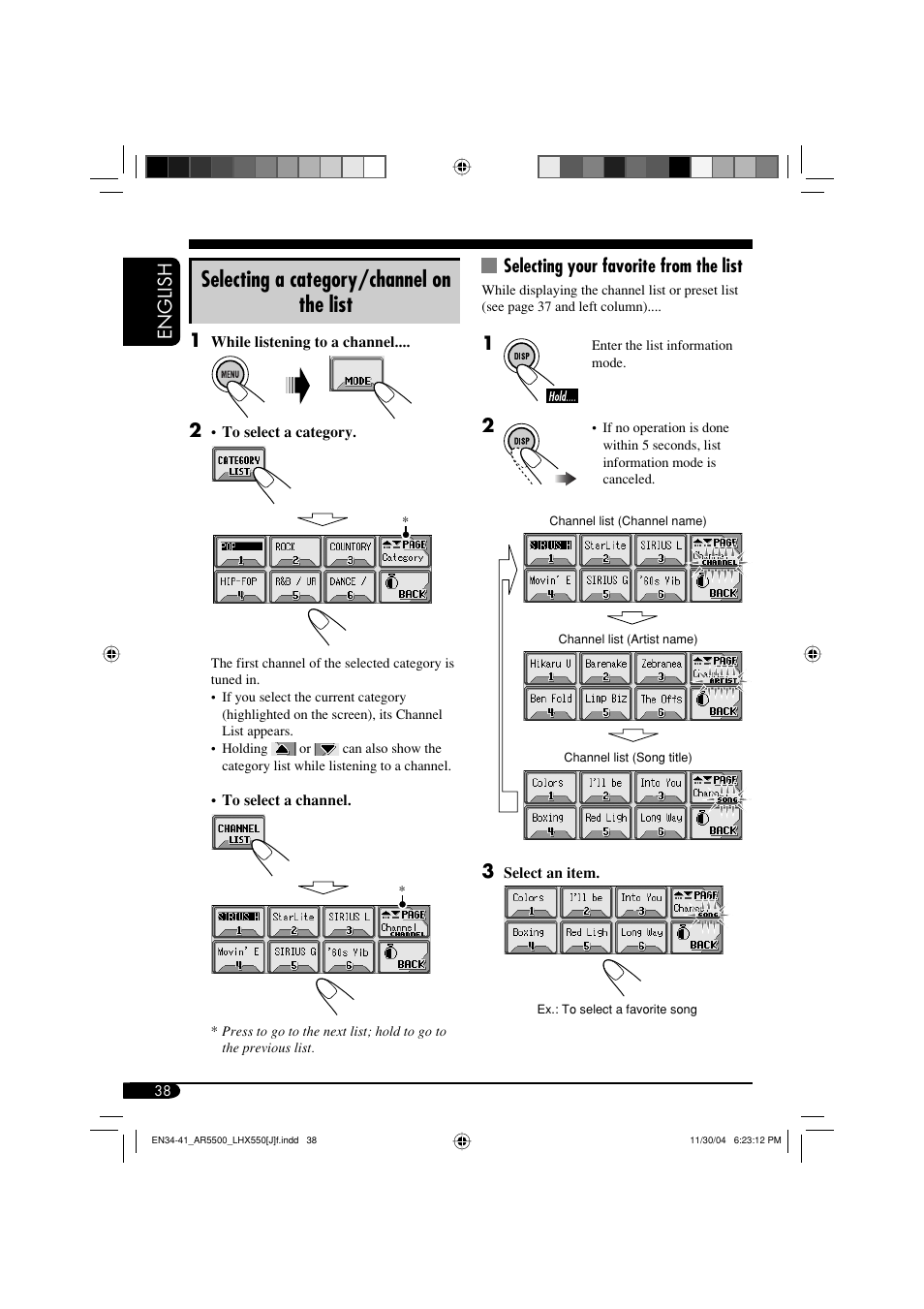 Selecting a category/channel on the list, English, Selecting your favorite from the list | JVC KD-AR5500 User Manual | Page 38 / 147