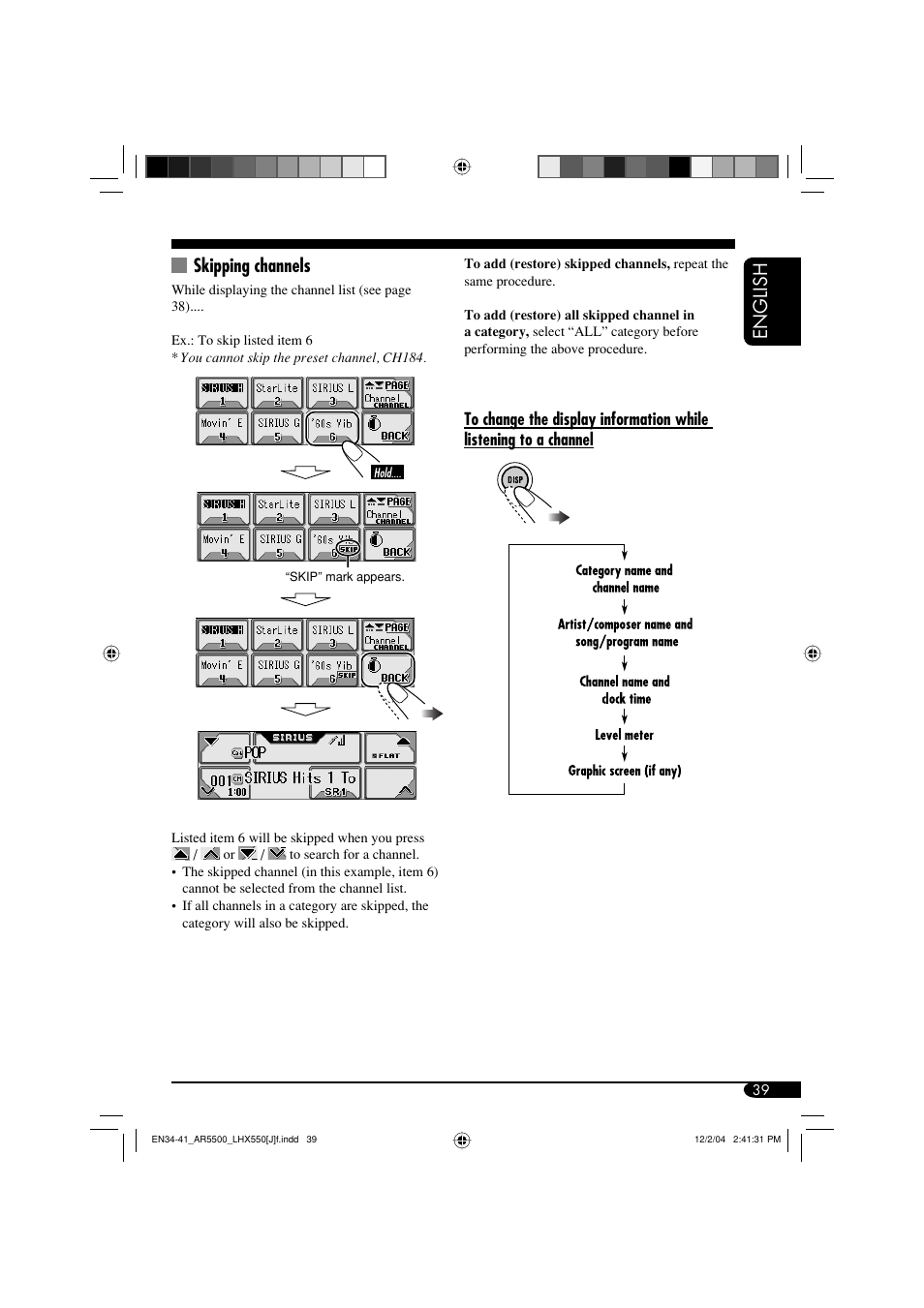 English, Skipping channels | JVC KD-AR5500 User Manual | Page 39 / 147