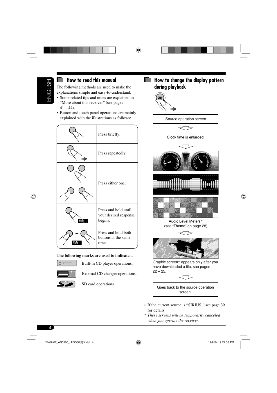 English how to read this manual, How to change the display pattern during playback | JVC KD-AR5500 User Manual | Page 4 / 147
