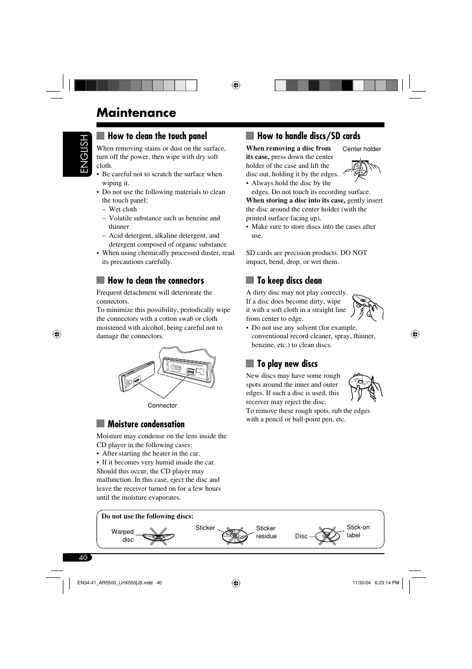 Maintenance, English, How to clean the touch panel | How to clean the connectors, Moisture condensation, How to handle discs/sd cards | JVC KD-AR5500 User Manual | Page 40 / 147