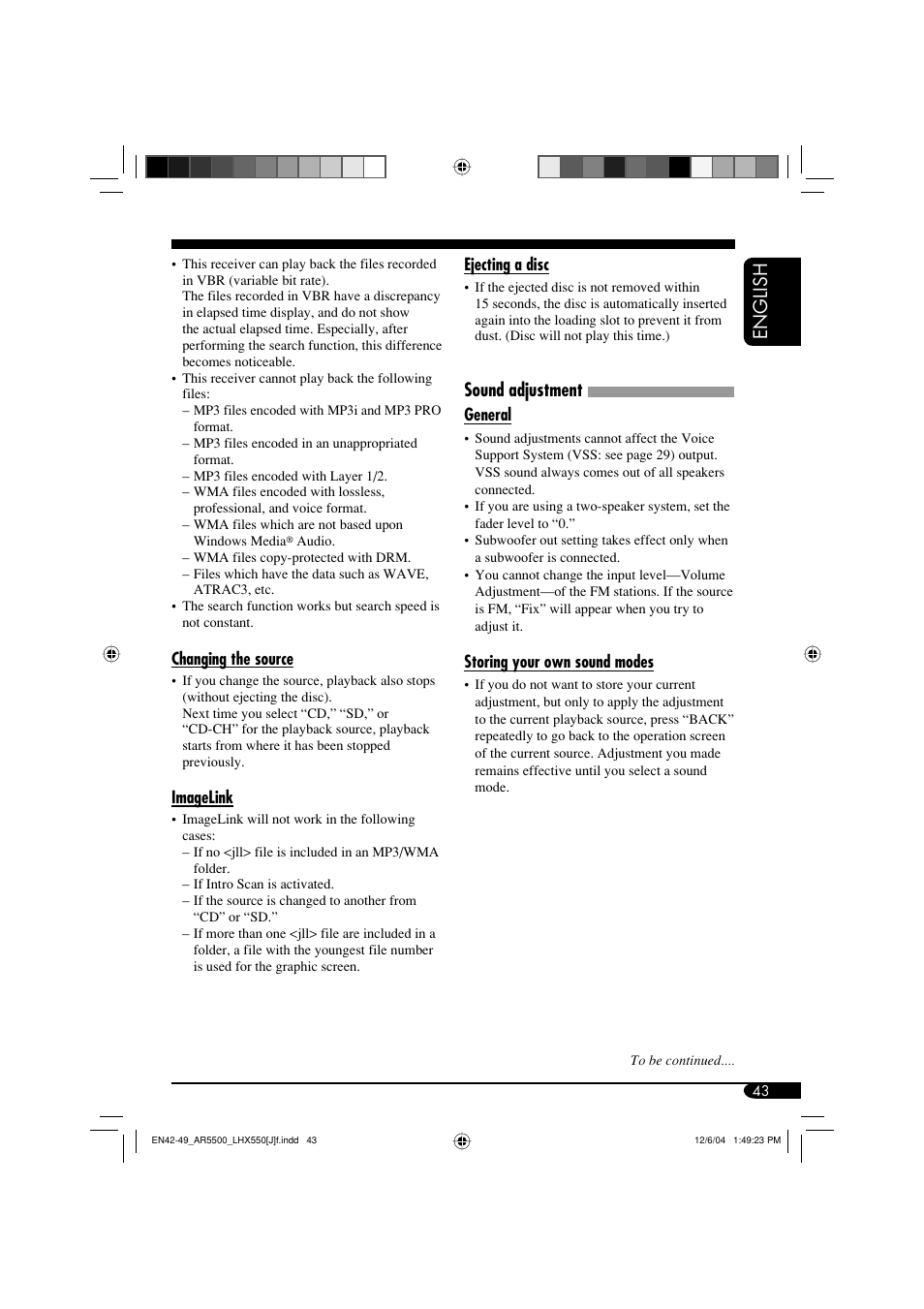 English, Sound adjustment | JVC KD-AR5500 User Manual | Page 43 / 147