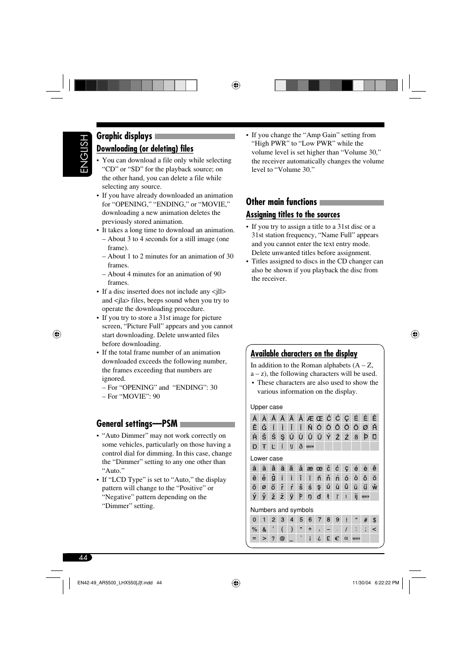 English graphic displays, General settings—psm, Other main functions | JVC KD-AR5500 User Manual | Page 44 / 147