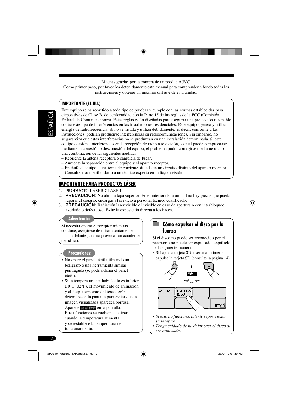 Esp añol cómo expulsar el disco por la fuerza | JVC KD-AR5500 User Manual | Page 50 / 147