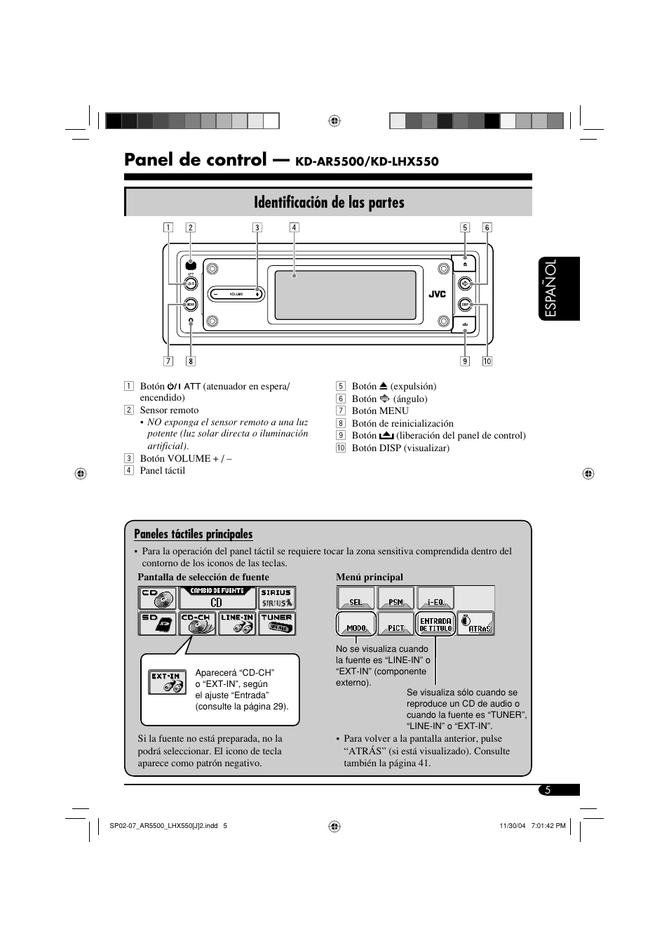 Panel de control, Identificación de las partes, Esp añol | JVC KD-AR5500 User Manual | Page 53 / 147