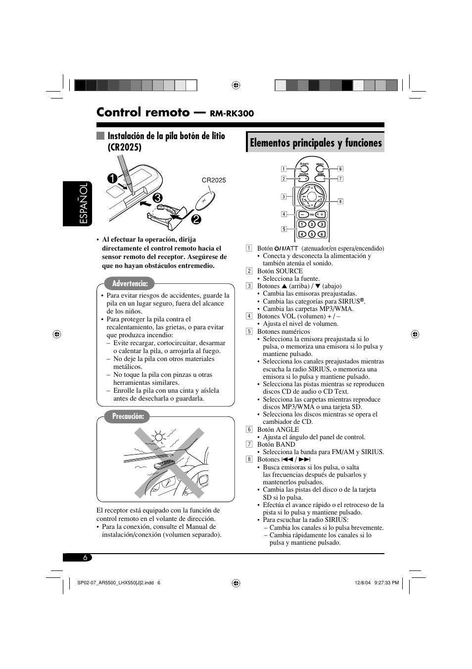 Control remoto, Elementos principales y funciones, Esp añol | Instalación de la pila botón de litio (cr2025) | JVC KD-AR5500 User Manual | Page 54 / 147