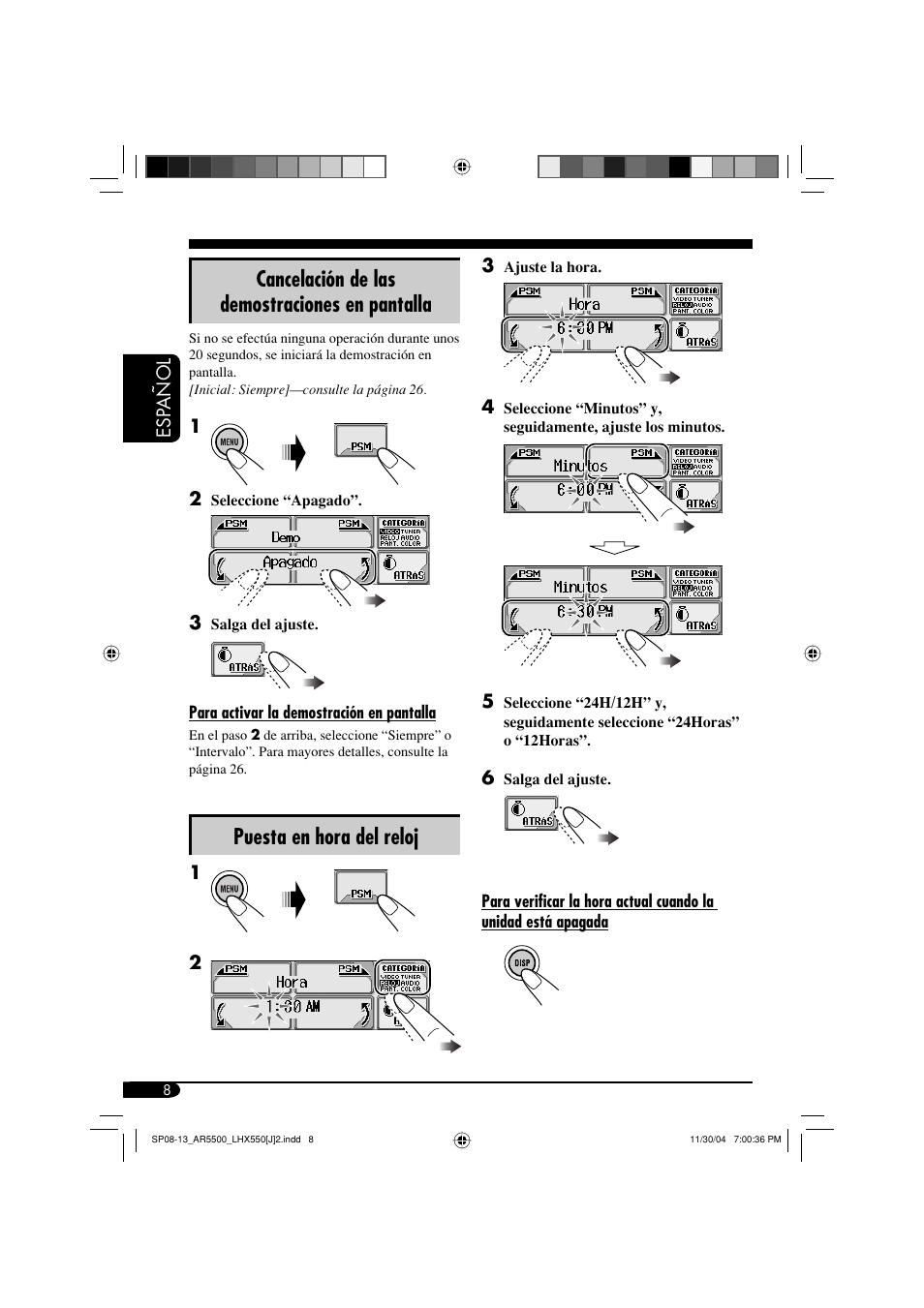 Cancelación de las demostraciones en pantalla, Puesta en hora del reloj | JVC KD-AR5500 User Manual | Page 56 / 147
