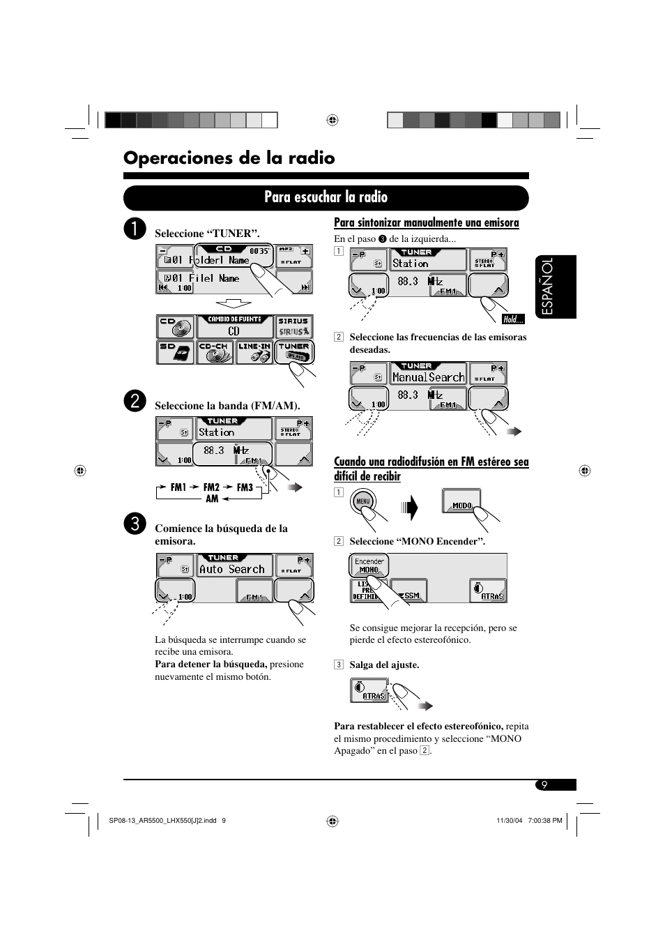 Operaciones de la radio, Para escuchar la radio | JVC KD-AR5500 User Manual | Page 57 / 147