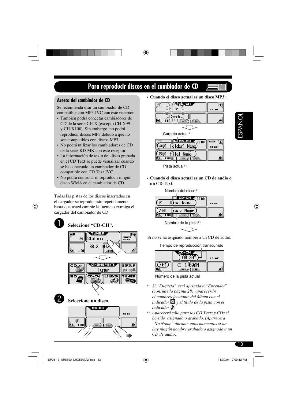 Para reproducir discos en el cambiador de cd, Esp añol | JVC KD-AR5500 User Manual | Page 61 / 147
