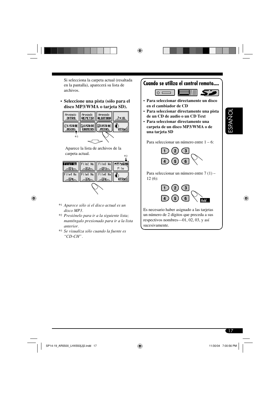 Esp añol, Cuando se utiliza el control remoto | JVC KD-AR5500 User Manual | Page 65 / 147
