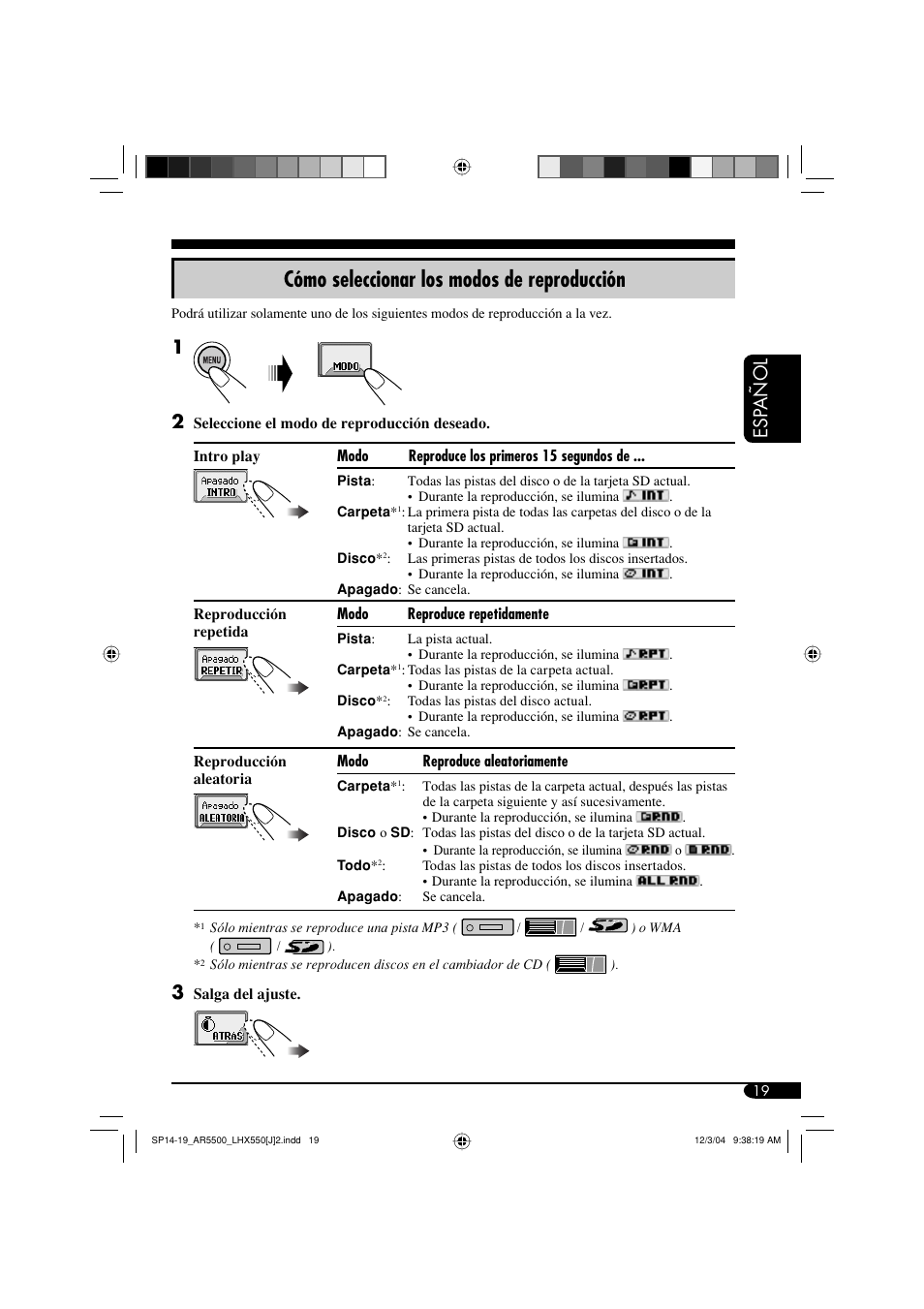 Cómo seleccionar los modos de reproducción, Esp añol | JVC KD-AR5500 User Manual | Page 67 / 147