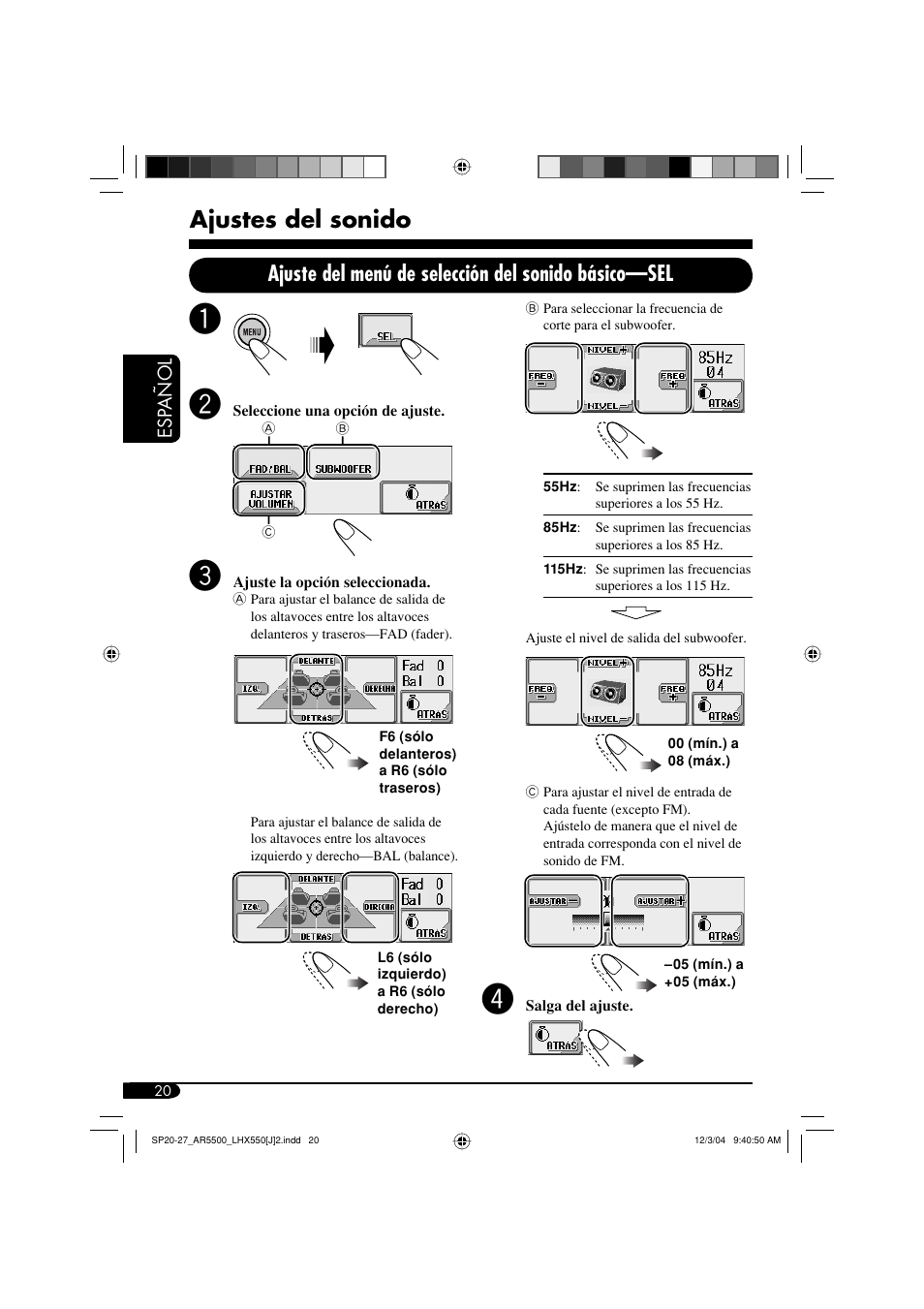 Ajustes del sonido, Ajuste del menú de selección del sonido básico—sel | JVC KD-AR5500 User Manual | Page 68 / 147