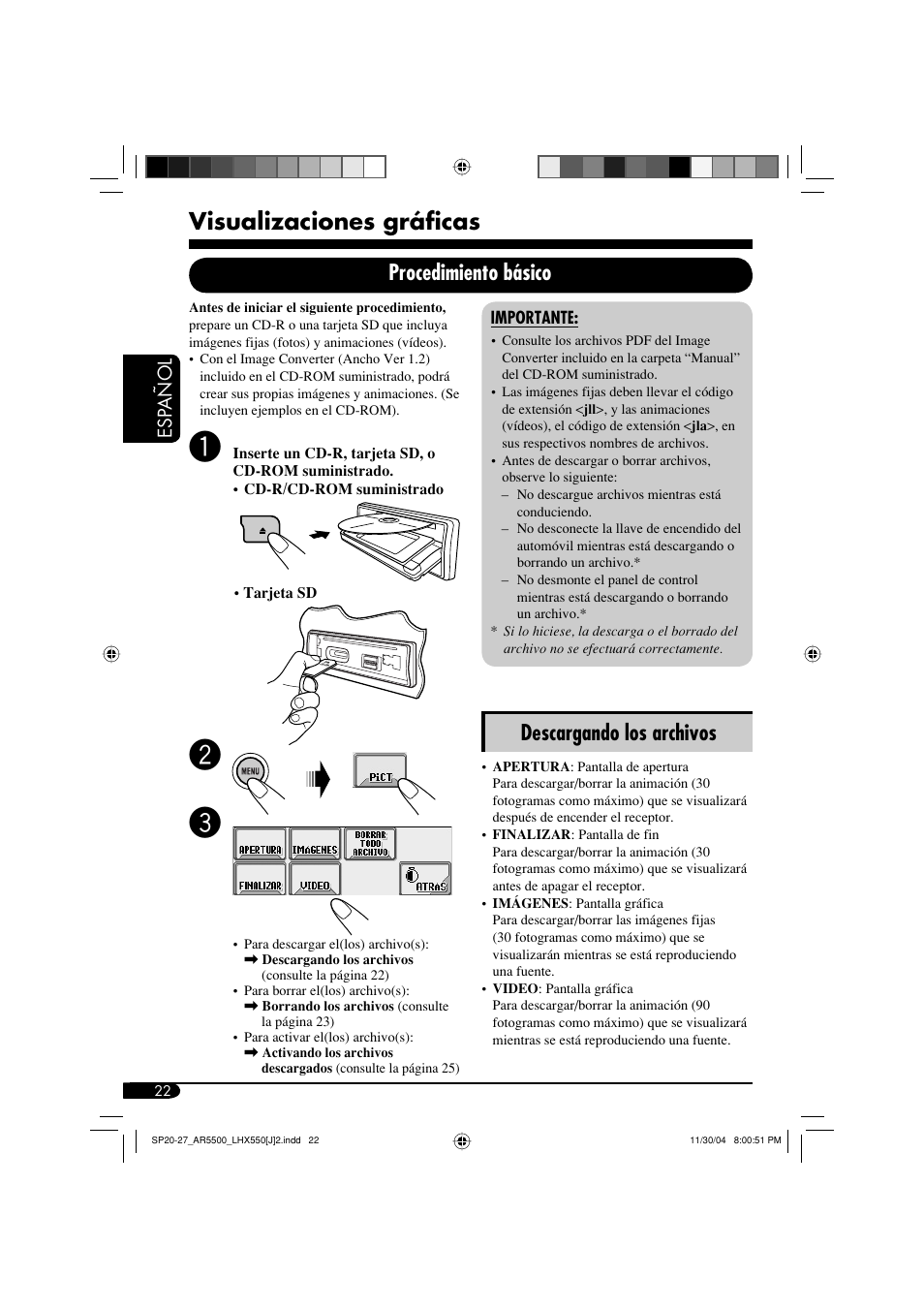 Visualizaciones gráficas, Descargando los archivos, Procedimiento básico | JVC KD-AR5500 User Manual | Page 70 / 147