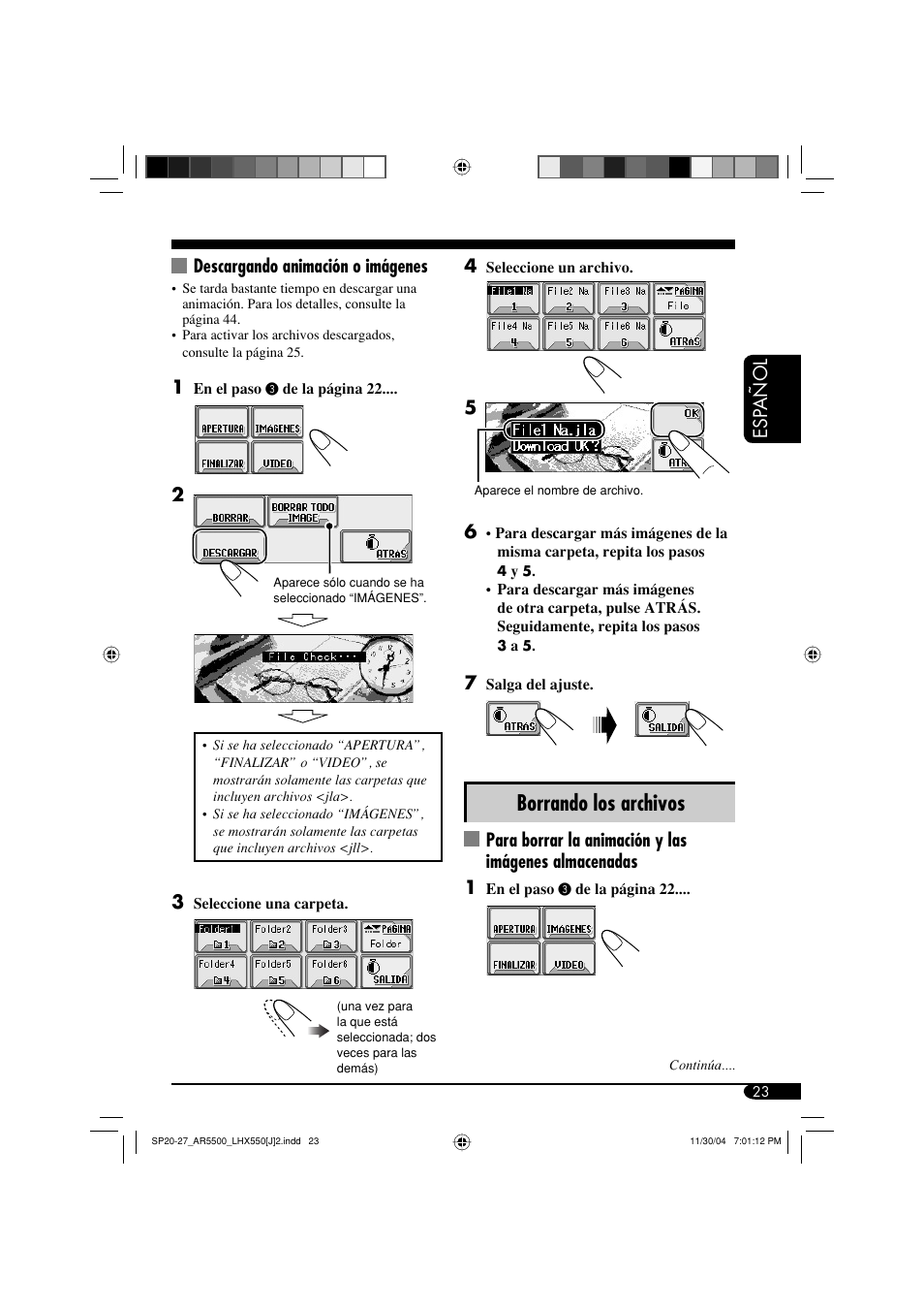 Borrando los archivos, Esp añol, Descargando animación o imágenes | JVC KD-AR5500 User Manual | Page 71 / 147