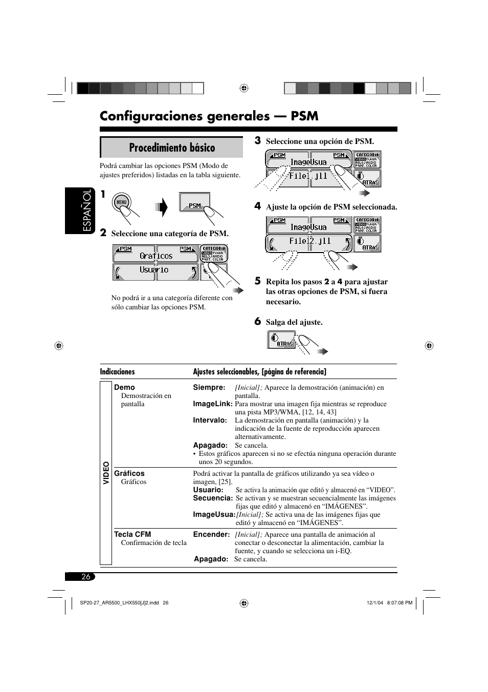 Configuraciones generales — psm, Procedimiento básico, Esp añol | JVC KD-AR5500 User Manual | Page 74 / 147