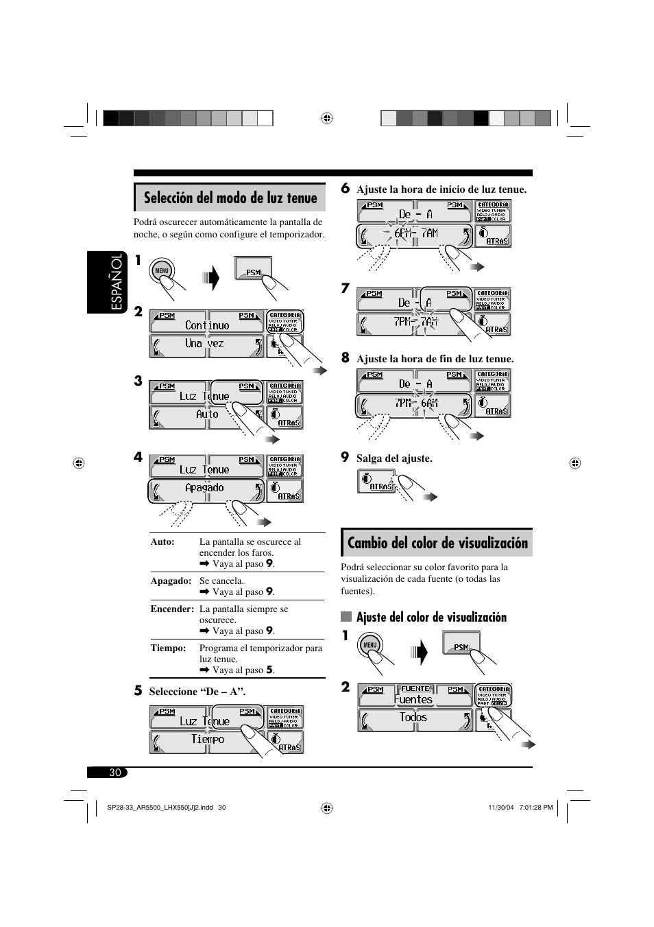 Cambio del color de visualización, Selección del modo de luz tenue | JVC KD-AR5500 User Manual | Page 78 / 147