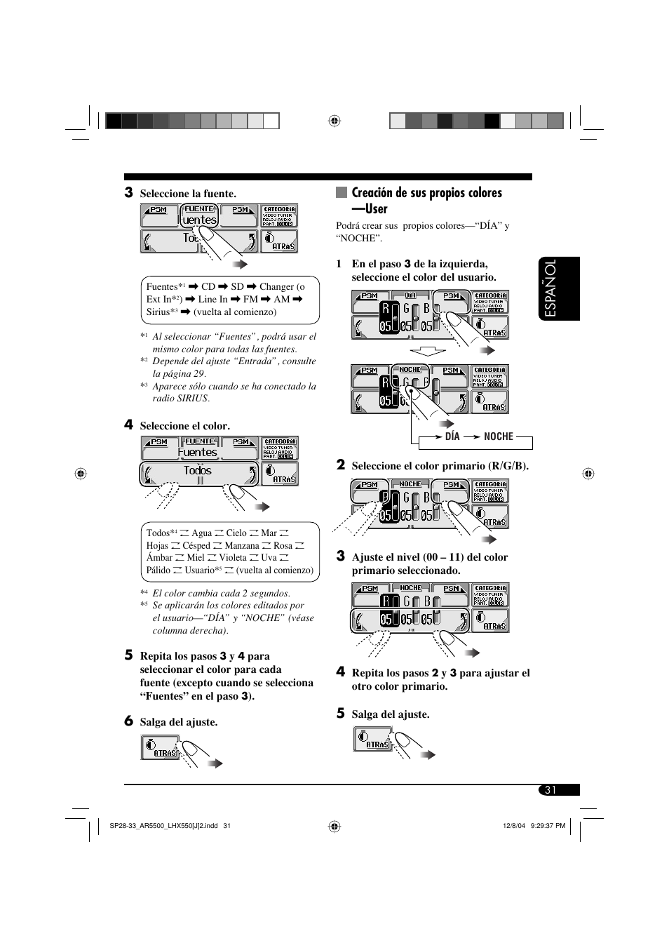 Esp añol creación de sus propios colores —user | JVC KD-AR5500 User Manual | Page 79 / 147