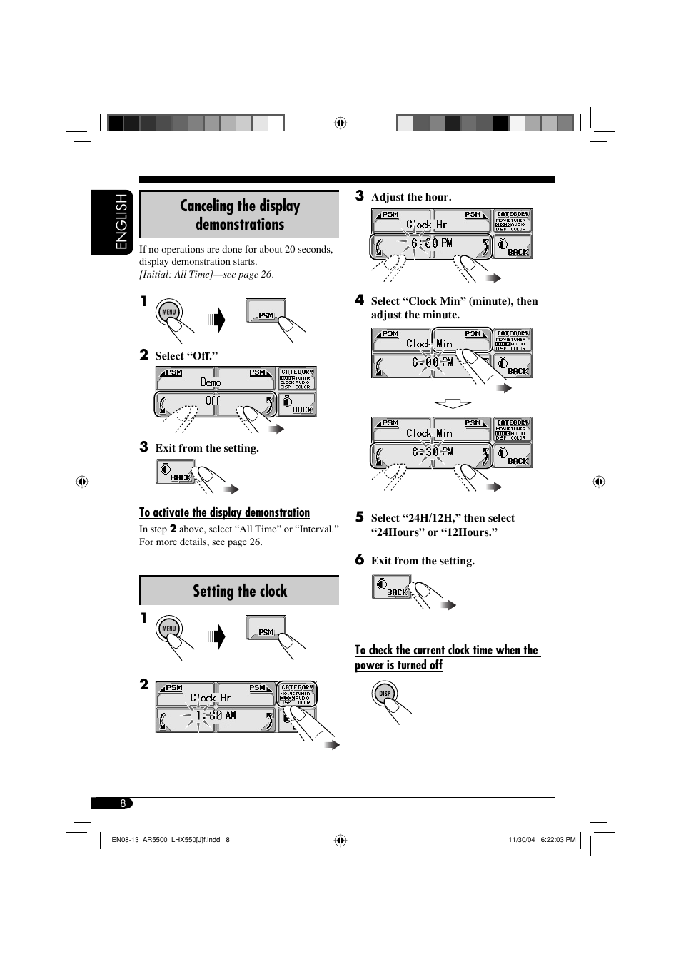 Canceling the display demonstrations, Setting the clock | JVC KD-AR5500 User Manual | Page 8 / 147