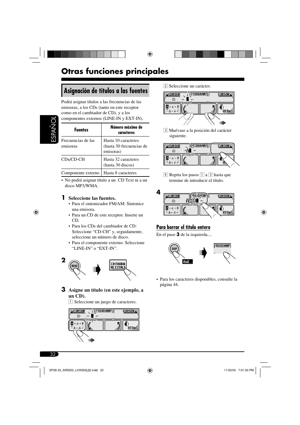 Otras funciones principales, Asignación de títulos a las fuentes, Esp añol | JVC KD-AR5500 User Manual | Page 80 / 147