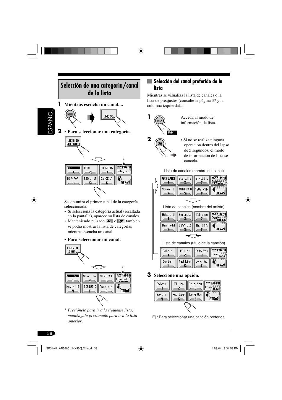 Selección de una categoría/canal de la lista, Esp añol selección del canal preferido de la lista | JVC KD-AR5500 User Manual | Page 86 / 147
