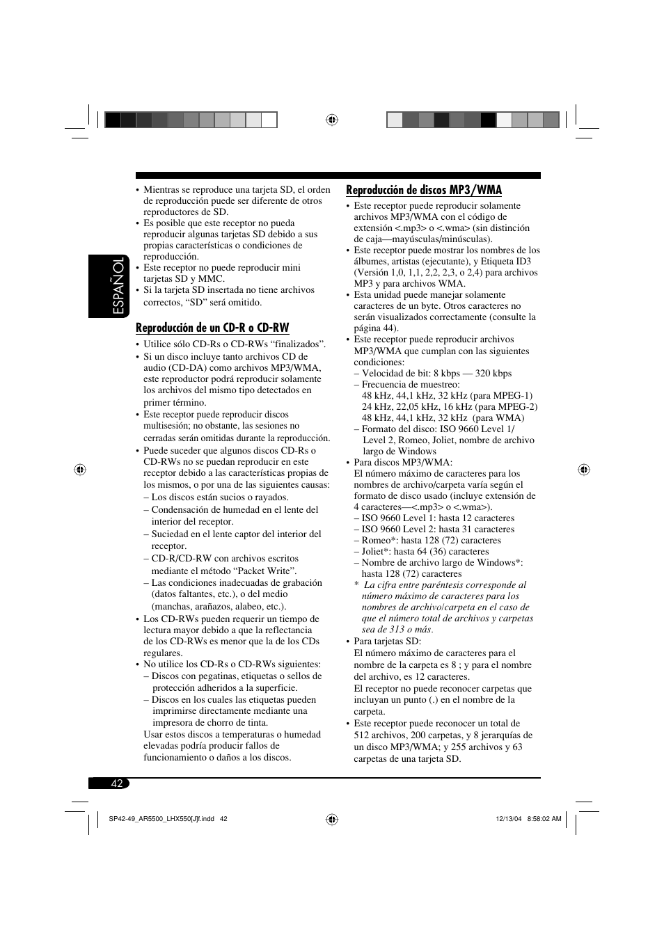 Esp añol | JVC KD-AR5500 User Manual | Page 90 / 147