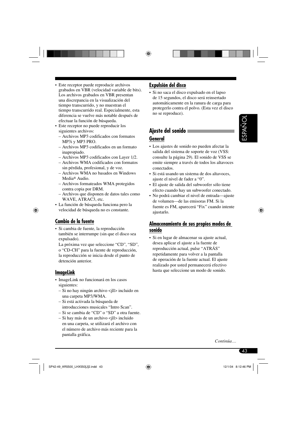 Esp añol, Ajuste del sonido | JVC KD-AR5500 User Manual | Page 91 / 147