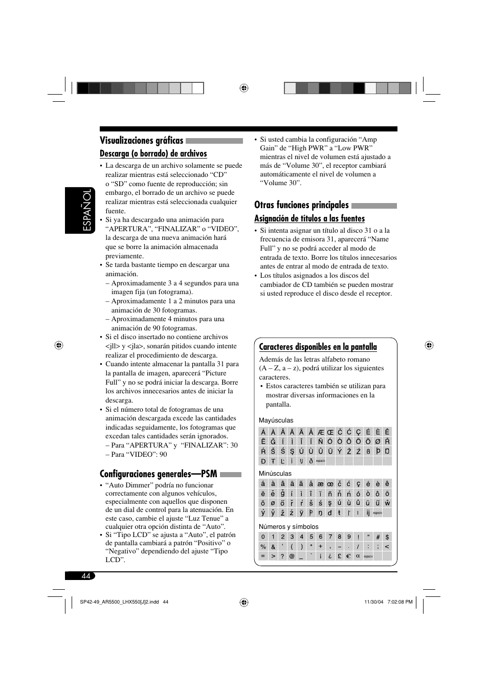 Esp añol visualizaciones gráficas, Configuraciones generales—psm, Otras funciones principales | JVC KD-AR5500 User Manual | Page 92 / 147